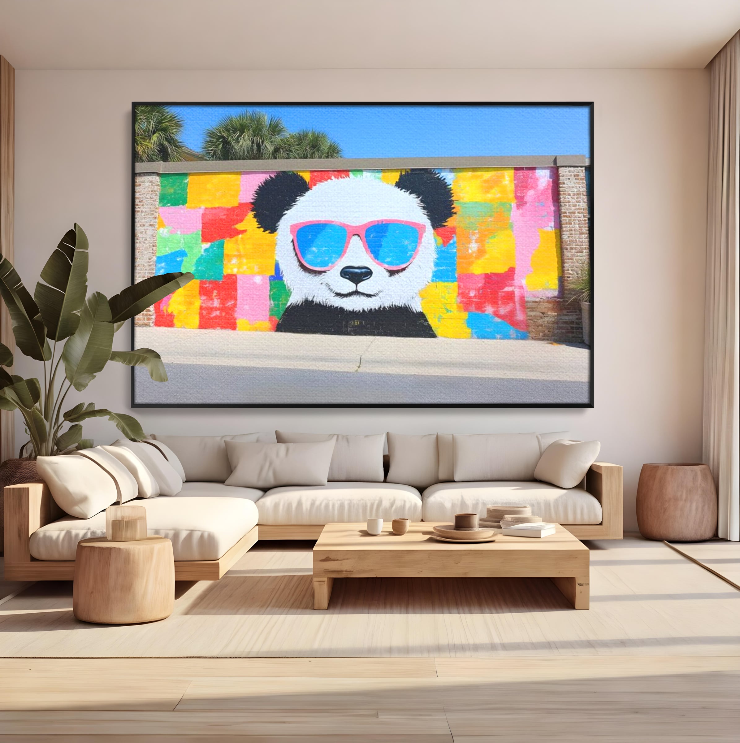Tablou canvas cu tablou canvas cu panda grafitat, in rama de aluminiu negru, pe perete intr-un living